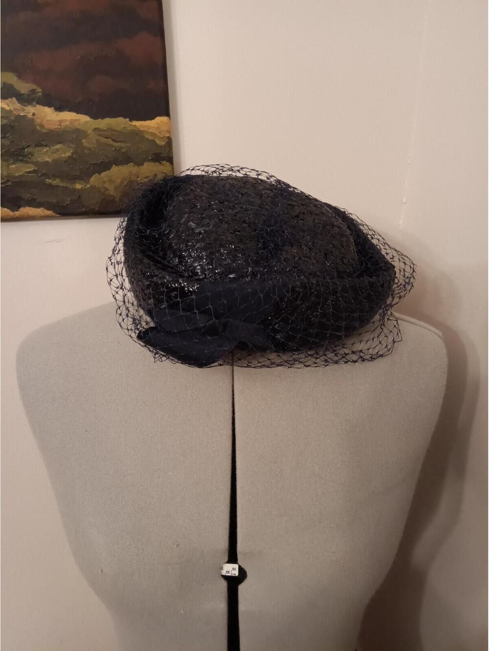 1950s Vintage Navy Blue Woven Straw Hat, Sz 23 Retro Mcm Hat Sz L Netter W Bow